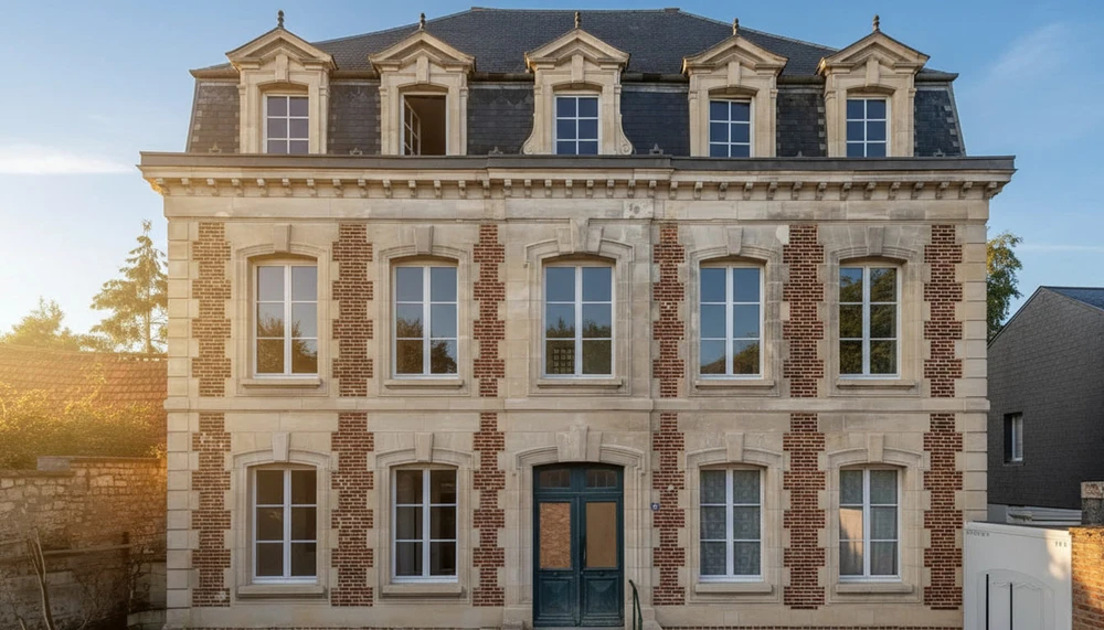Façade d'un hôtel particulier français restauré avec architecture classique, éclairage doré du soir