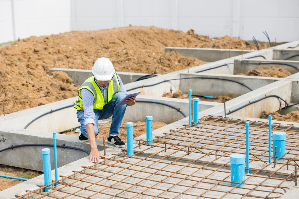 Chantier de construction résidentielle avec ouvrier en salopette et casque blanc consultant des plans