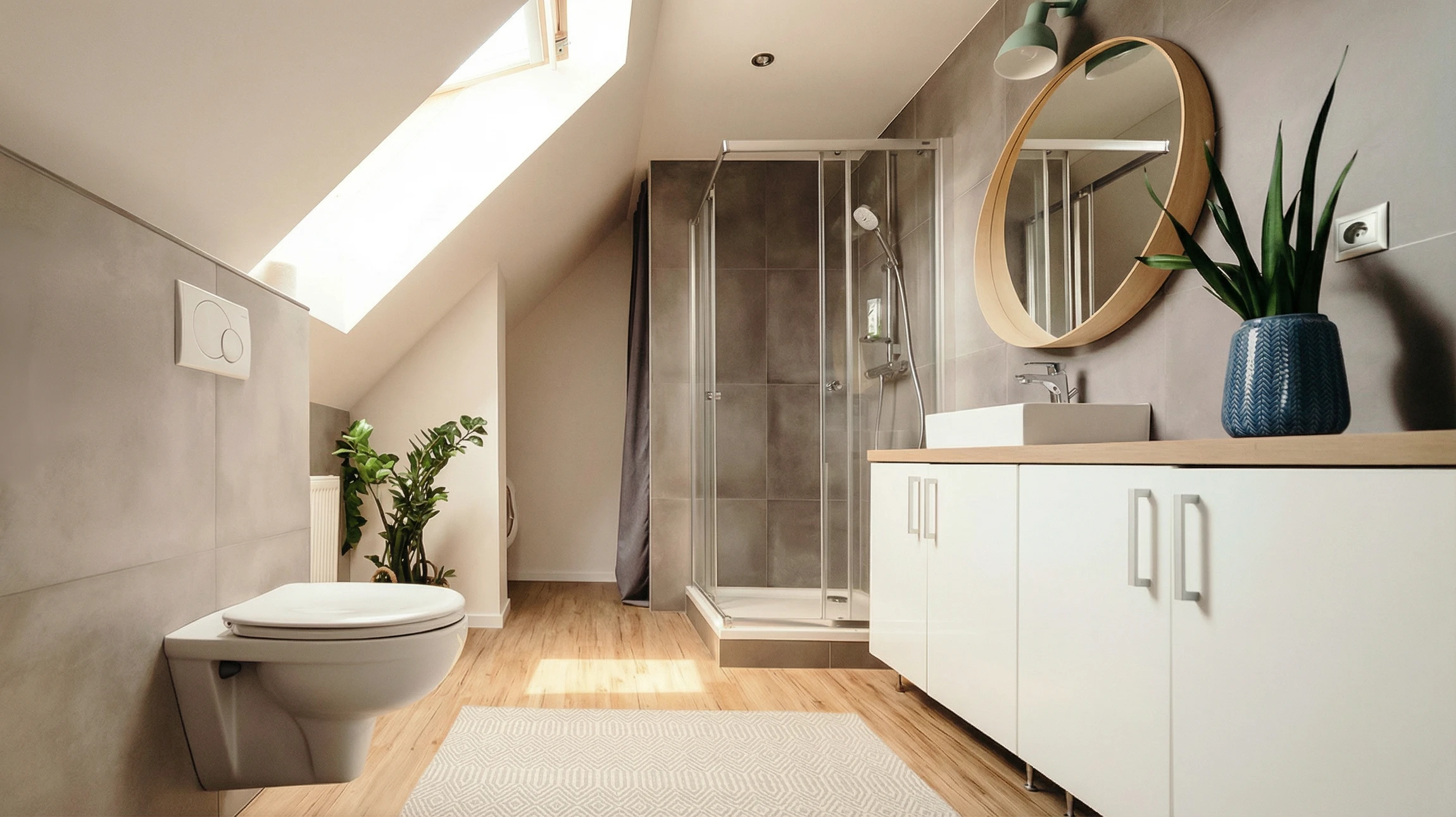 Salle de bains moderne avec baignoire îlot blanche, vasque suspendue et colonne de rangement en bois