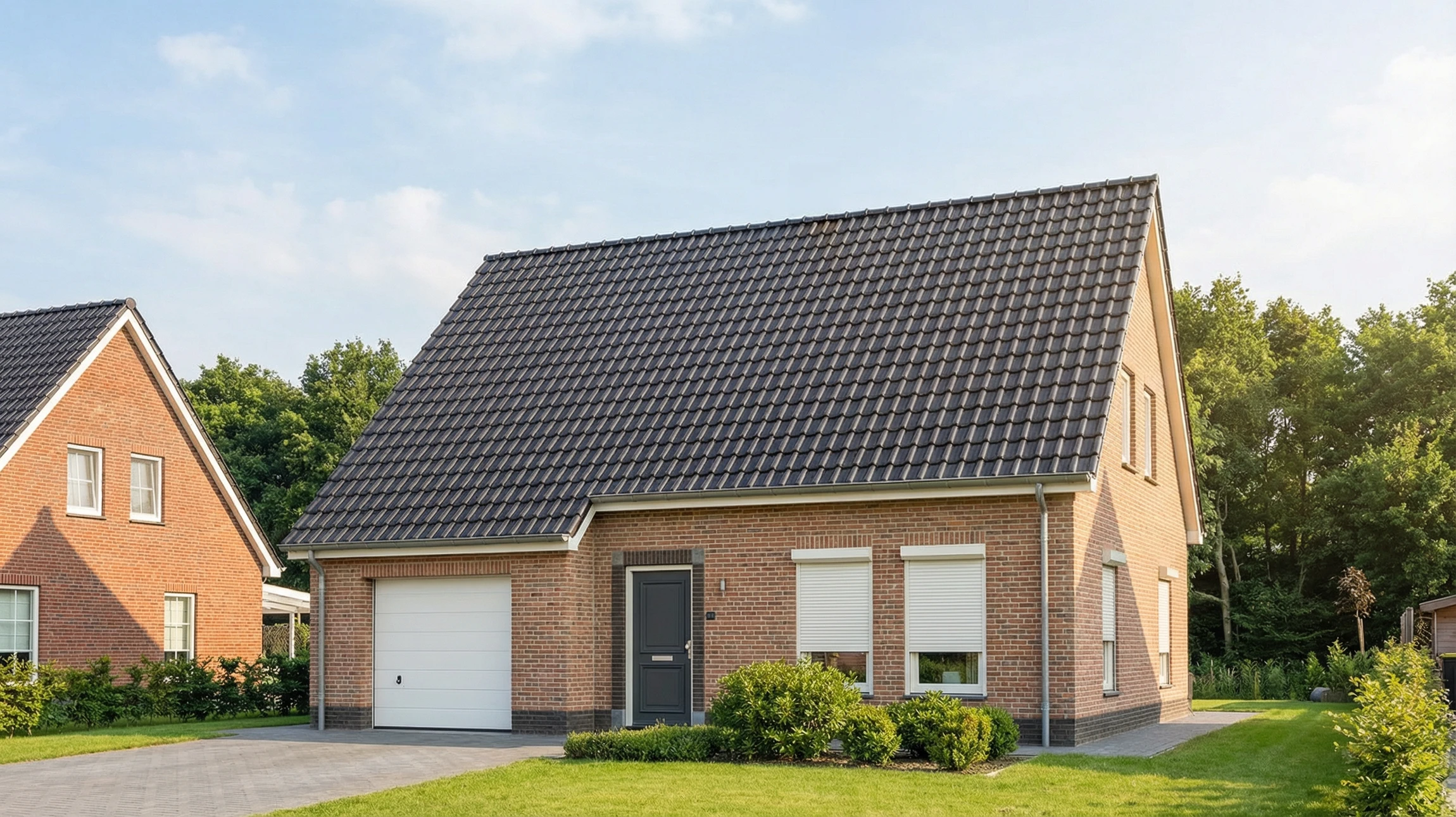 Maison contemporaine avec façade triangulaire en briques rouges et large baie vitrée